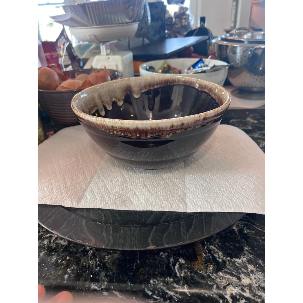 Pfaltzgraff 50s Gourmet Stoneware Mixing Bowl Brown Drip Glaze Rim 1950's BOHO